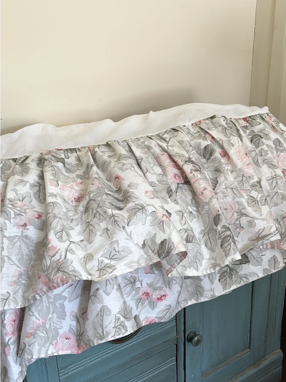Laura Ashley Vintage Pink Rose and Sage Green Floral Ruffle Bed Skirt